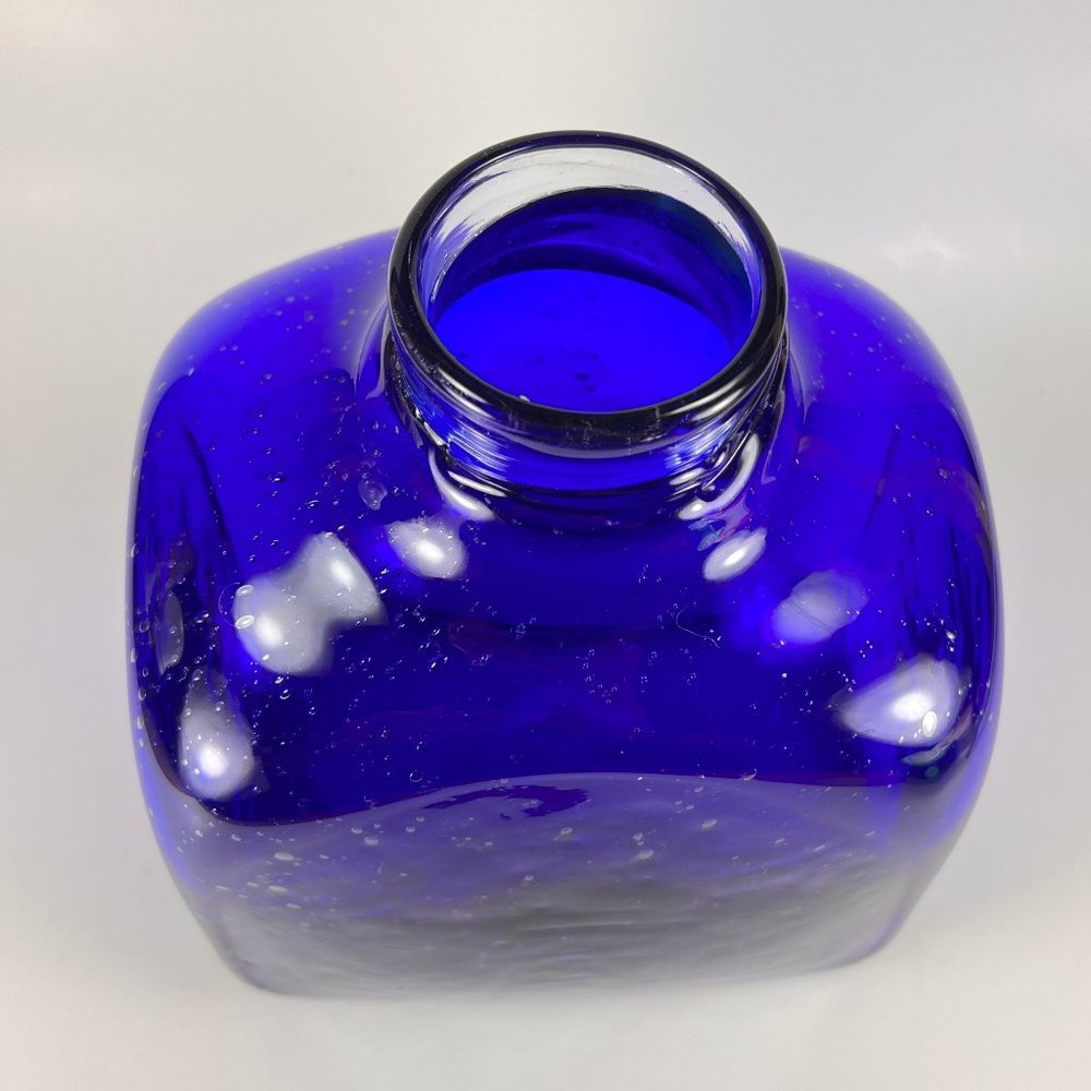 Cobalt Blue Vase Clear Cased Art Glass Hand Blown Bubbles Pattern - Picture 6 of 16